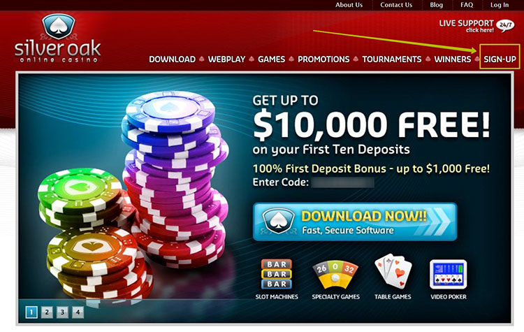 The Sign Up button on the main page of online casino